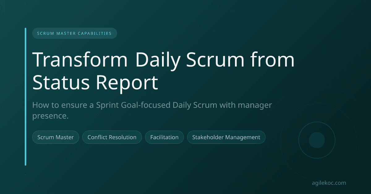 A Scrum Master mediating a tense Daily Scrum meeting between team members and a manager.