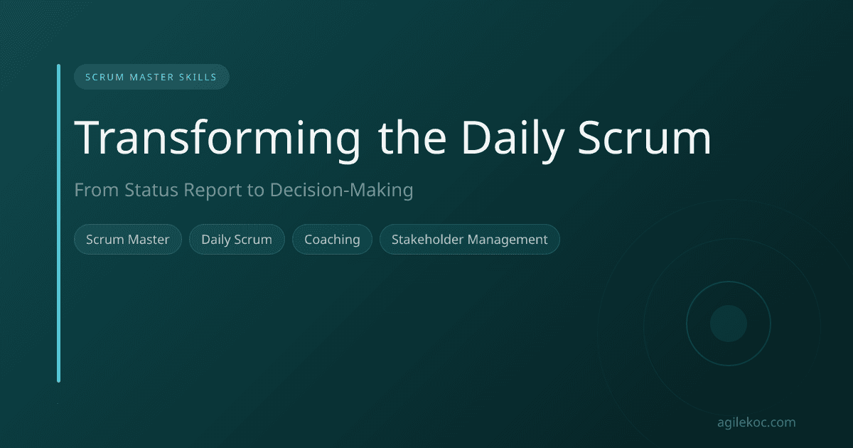 A Scrum Master talking with team members during a Daily Scrum, pointing at a board, illustrating the team focusing on the Sprint Goal.