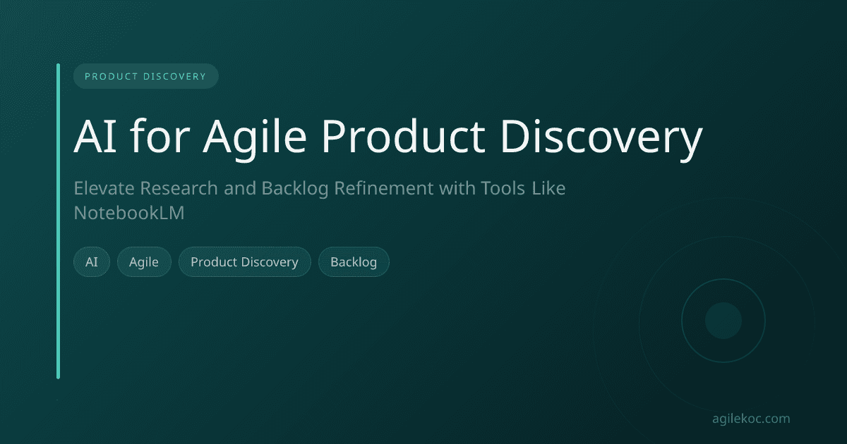 An agile team collaborating with AI tools for product discovery, data visualizations on screens