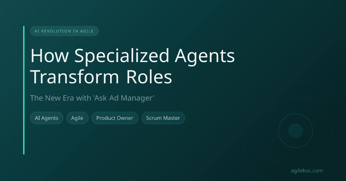 A futuristic interface showing data insights, with a stylized AI agent icon interacting with business metrics, reflecting the theme of AI assisting agile teams.