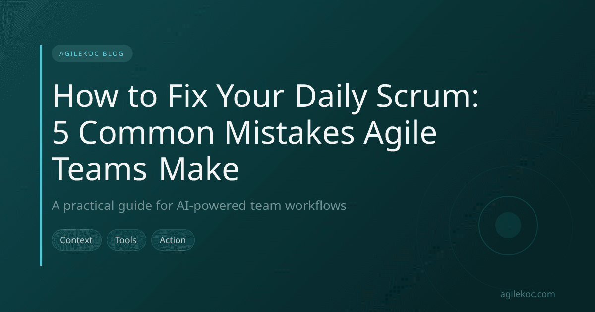 An agile team collaborating during a Daily Scrum meeting, standing in front of a whiteboard.