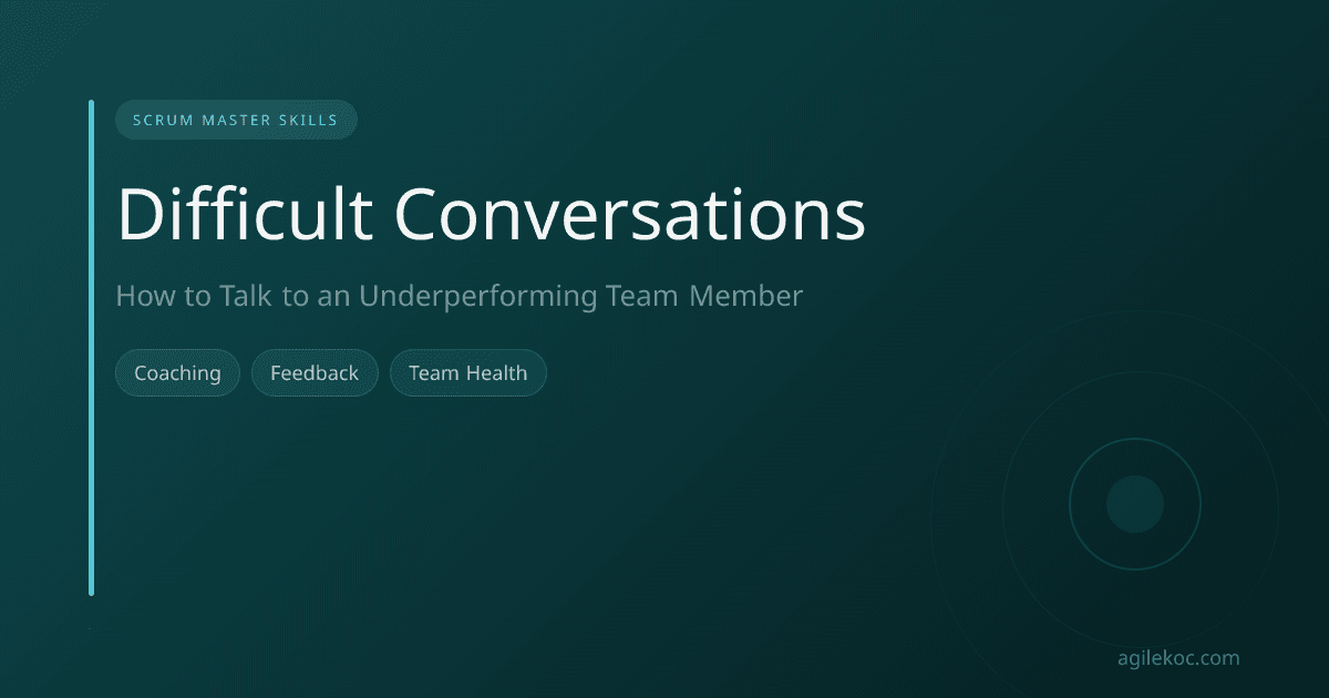 An illustration of a Scrum Master showing empathy and support while talking to an underperforming team member.