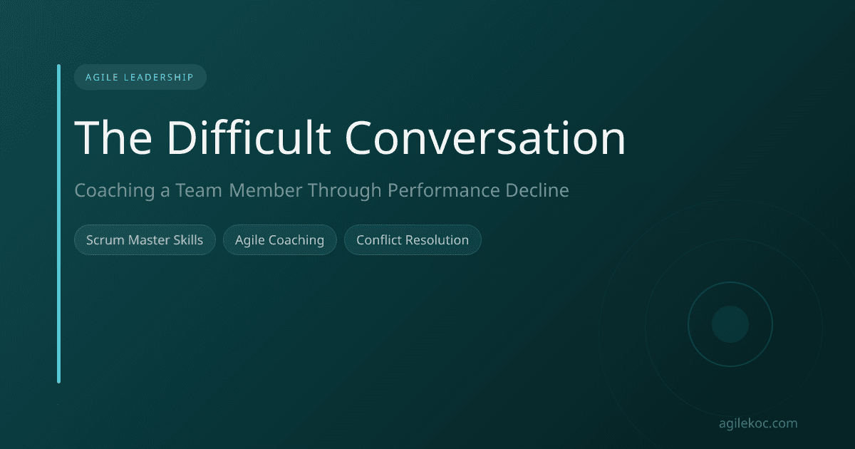 A Scrum Master having a serious but empathetic conversation with a team member in a modern office setting.