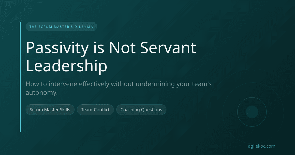 A Scrum Master facilitating a difficult conversation with team members in a meeting room.