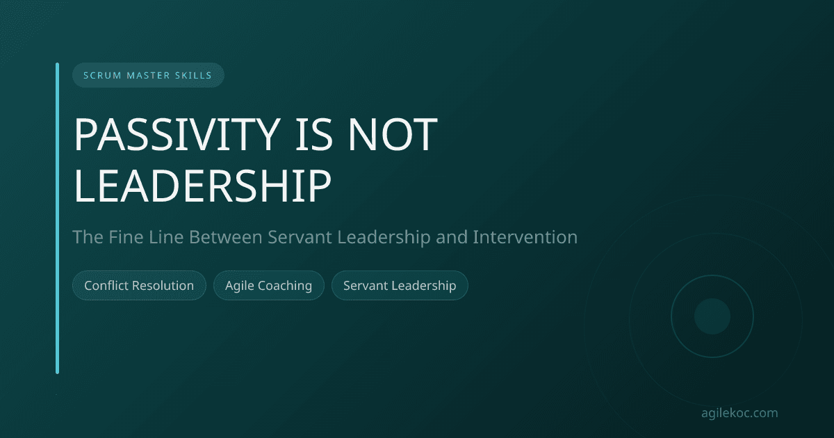 A thoughtful Scrum Master observing a tense-looking team from a distance during a meeting.