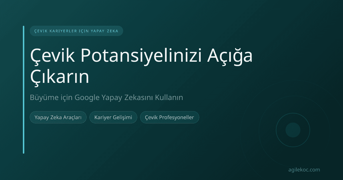 Google yapay zeka araçları, stilize G logoları ve soyut yapay zeka unsurlarıyla temsil edilerek bir Çevik profesyonelin (Scrum Master, Ürün Sahibi veya Geliştirici) kariyer gelişimi, özgeçmiş oluşturma ve beceri kazanımına yardımcı oluyor.