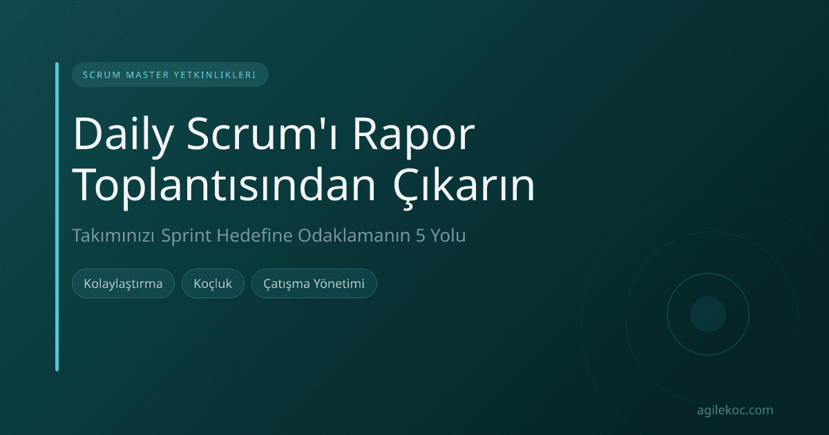 Bir Scrum Master'ın Daily Scrum'ı kolaylaştırdığı, takım üyelerinin aktif olarak bir görev panosunu tartıştığı, sadece raporlama yapmadığı bir sahne.