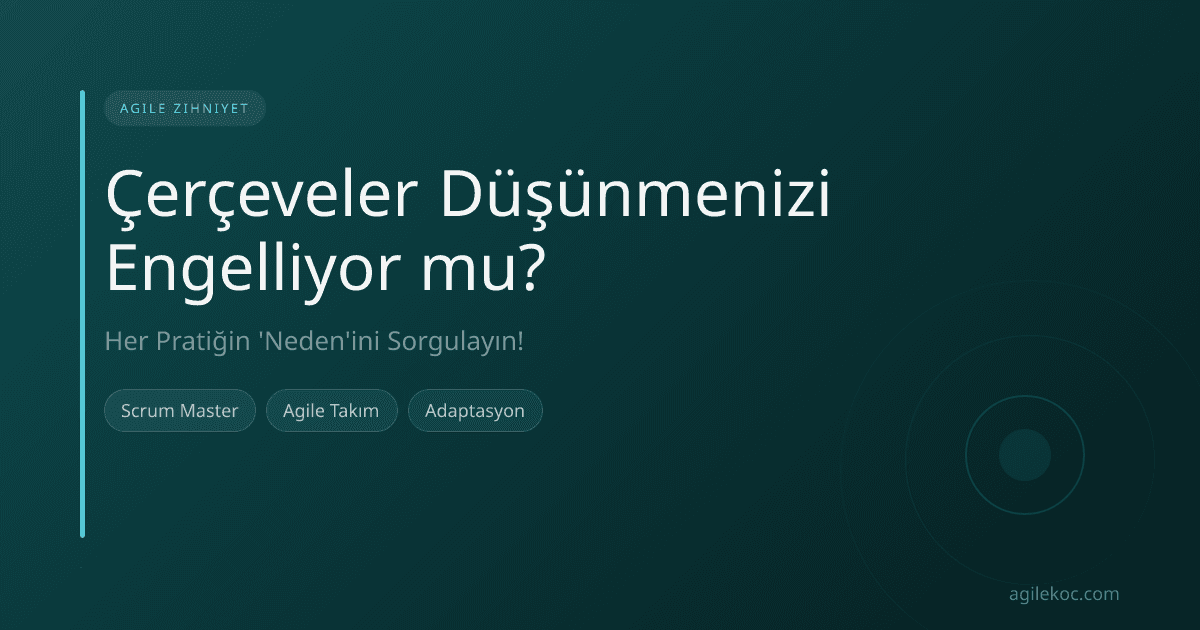 Bir soru işareti ve dişlilerle dolu bir zihin, Agile çerçevelerini sorgulamayı temsil ediyor.
