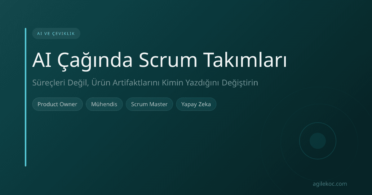 Yapay zeka destekli bir ortamda Scrum takımının ürün artifaktları üzerinde çalıştığı bir illüstrasyon.