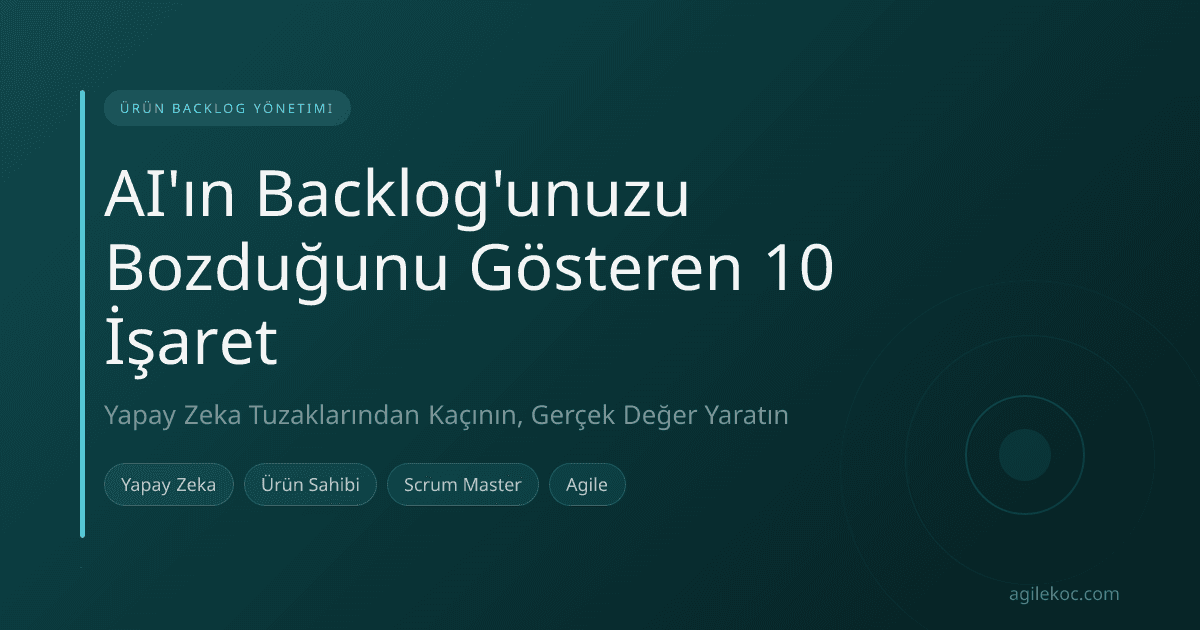 Yapay zeka tarafından bozulmuş bir ürün backlog'unu gösteren dijital grafikler ve uyarı işaretleri