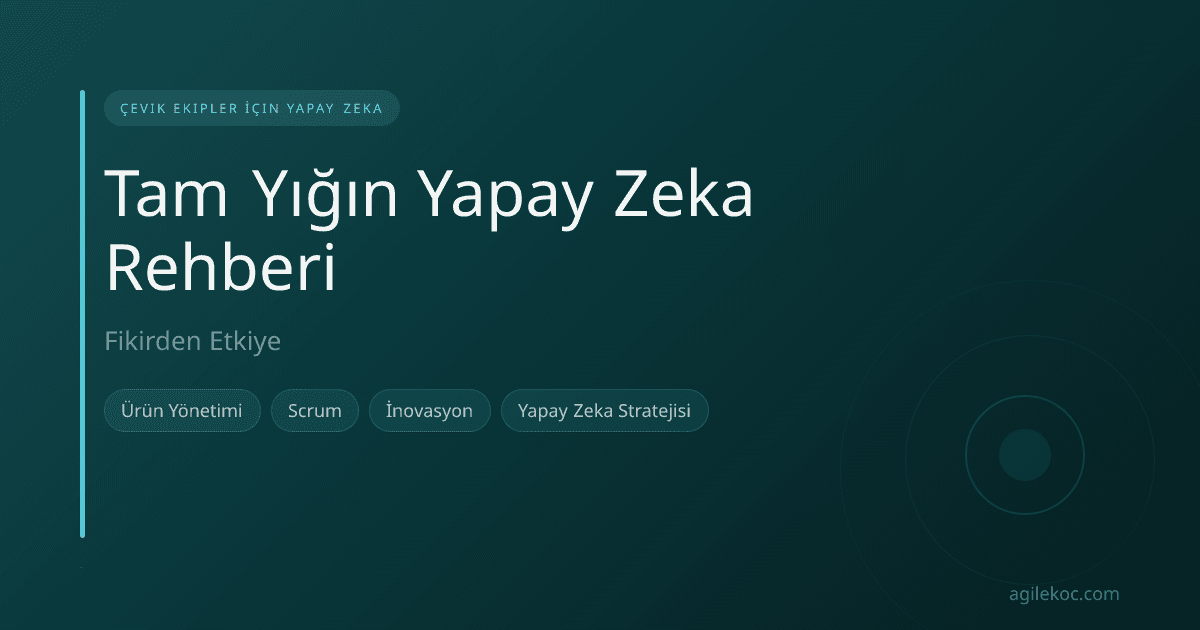 Bir çevik ekibin beyaz tahta etrafında işbirliği yapması, tam yığın yapay zeka entegrasyonunu simgeleyen yapay zeka ile ilgili kavramlar ve veri görselleştirmeleri.