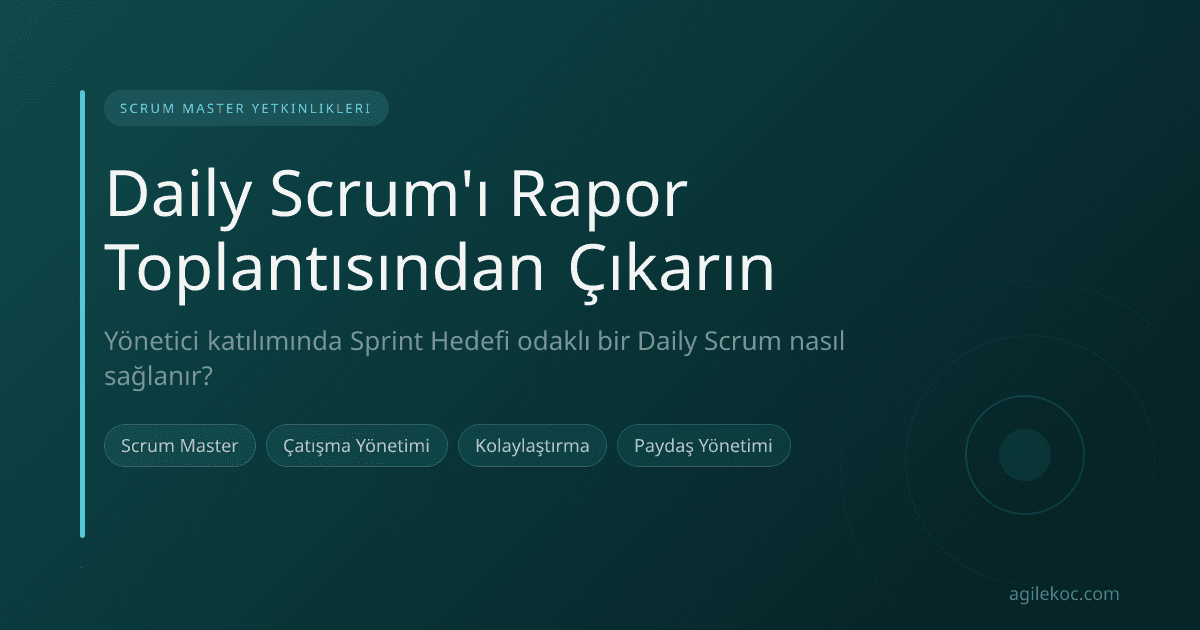 Bir Scrum Master, takım üyeleri ve bir yönetici arasında gergin bir Daily Scrum toplantısı sırasında arabuluculuk yapıyor.