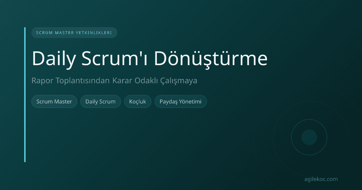 Bir Scrum Master'ın Daily Scrum sırasında takım üyeleriyle konuşması, bir panoya işaret etmesi ve takımın Sprint Hedefi'ne odaklandığını gösteren bir görsel.