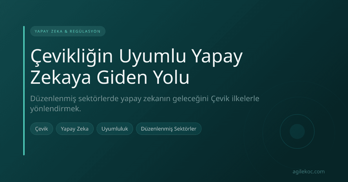 Bir çevik ekip, bir beyaz tahta etrafında yapay zeka adaptasyonunu tartışıyor, arka planda uyumluluk belgeleri görünüyor; bu, yapay zeka ile regülasyonun entegrasyonunu simgeliyor.