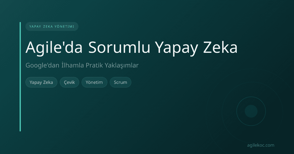 Bir Çevik ekibin beyaz tahta etrafında iş birliği yapması, üzerinde yapay zeka ile ilgili kavramlar ve etik yönergeler çizili olması, sorumlu yapay zeka geliştirmeyi sembolize ediyor.
