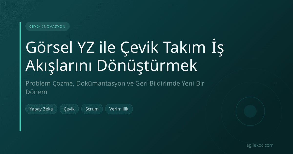 Çevik bir takım, beyaz tahta etrafında işbirliği yapıyor, görsel yapay zeka diyagramları ve notları yorumluyor.