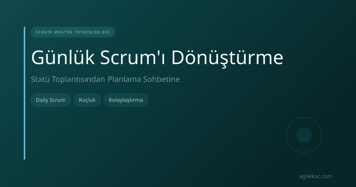 Bir Scrum Master, Daily Scrum sırasında takım üyeleriyle konuşuyor, tahtada Sprint Hedefi yazıyor.