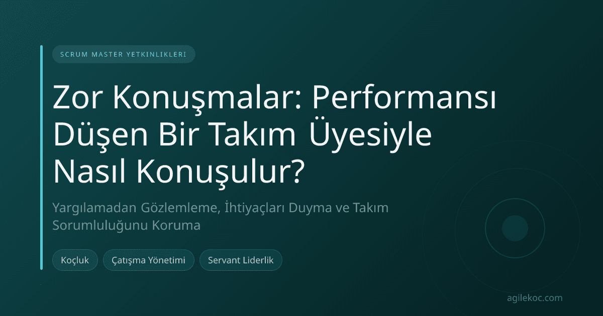 Modern bir ofis ortamında bir takım üyesiyle destekleyici birebir konuşma yapan Scrum Master.