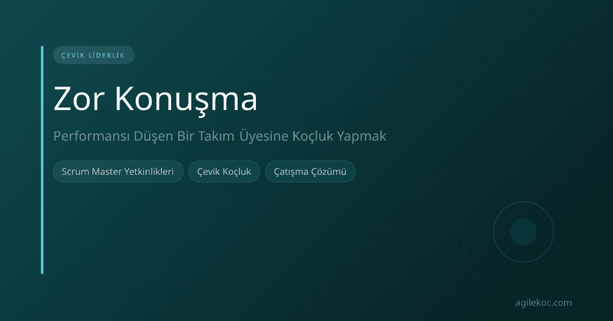 Modern bir ofis ortamında, bir Scrum Master'ın bir takım üyesiyle ciddi ama empatik bir konuşma yapması.