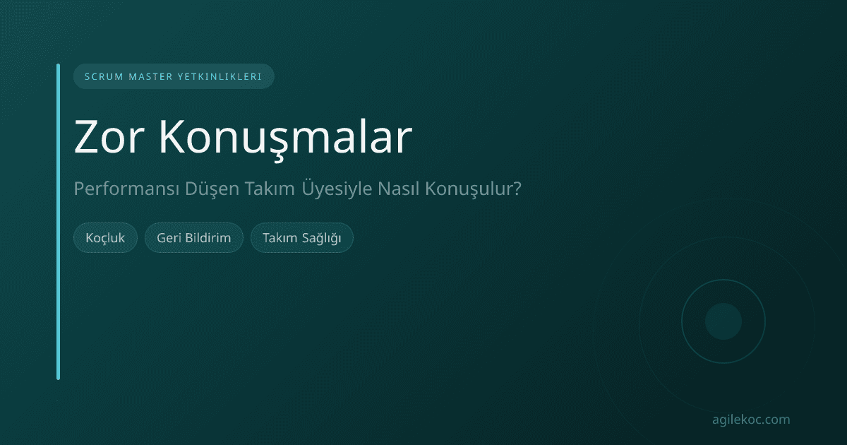 Scrum Master'ın performansı düşen takım üyesiyle konuşurken empati ve destek gösteren bir illüstrasyonu.