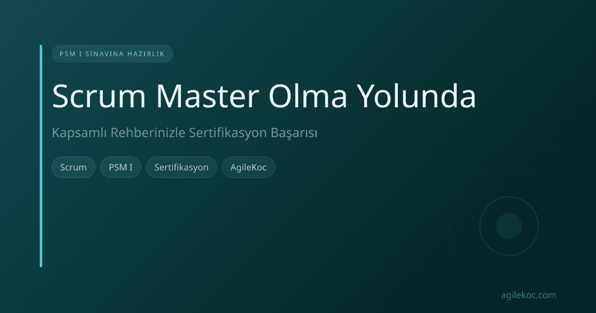 PSM I sınavına hazırlanan bir Scrum Master adayı, Scrum Kılavuzu ve dizüstü bilgisayarıyla çalışırken.