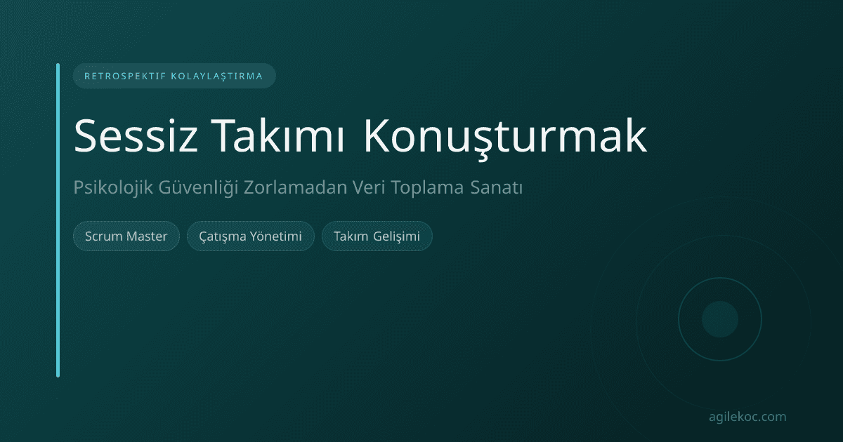 Bir Retrospektif toplantısında sessizce oturan bir takım ve düşünceli bir Scrum Master.