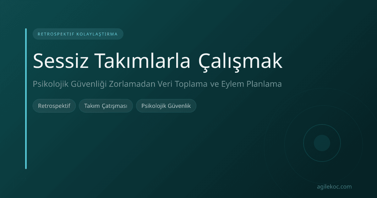 Bir retrospektif toplantısında sessizce oturan bir grup insan ve endişeli görünen bir Scrum Master.