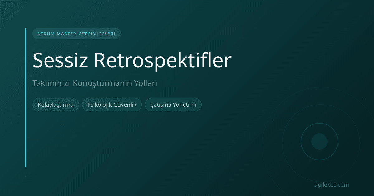 Bir Scrum Master, sessiz bir takımın retrospektif toplantısında notlar alıyor, yüzünde düşünceli bir ifade var.