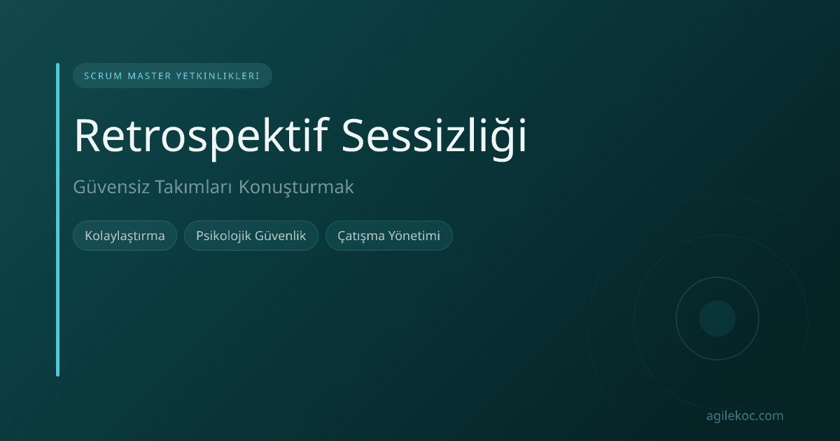Bir retrospektif toplantısında sessizce oturan bir grup insan, bir Scrum Master'ın endişeli bakışları
