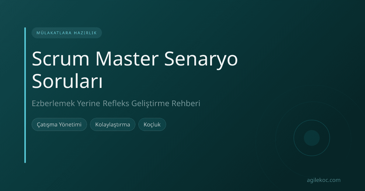 Bir Scrum Master'ın bir ekiple zorlu bir toplantıyı kolaylaştırdığı anı gösteren illüstrasyon.