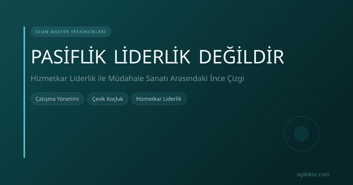 Bir toplantıda gergin görünen bir ekibi uzaktan gözlemleyen düşünen bir Scrum Master.