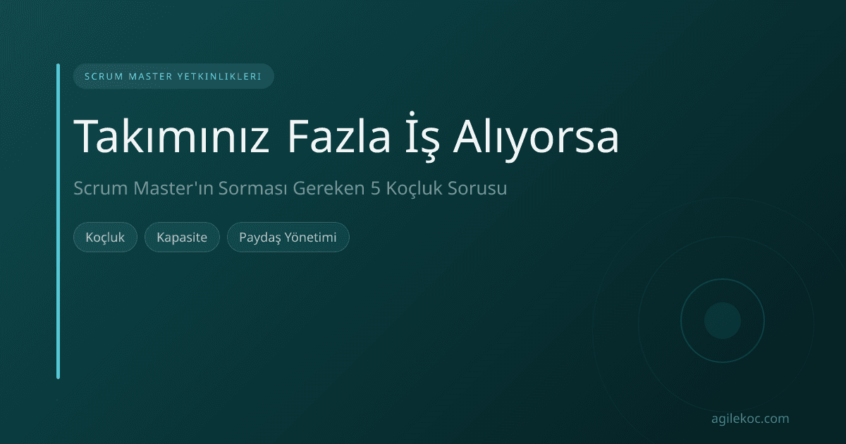 Scrum Master bir beyaz tahtanın önünde, takımın fazla iş yükünü konuşurken koçluk soruları soruyor.