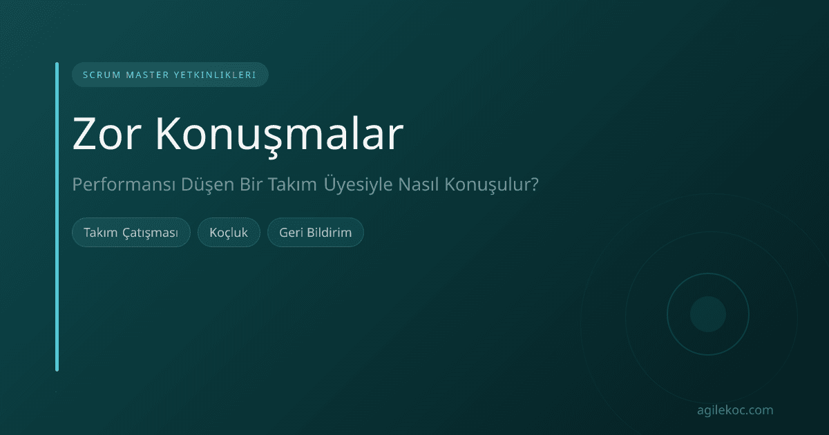 Bir Scrum Master, bir takım üyesiyle sakin bir şekilde konuşurken, ofis ortamında.