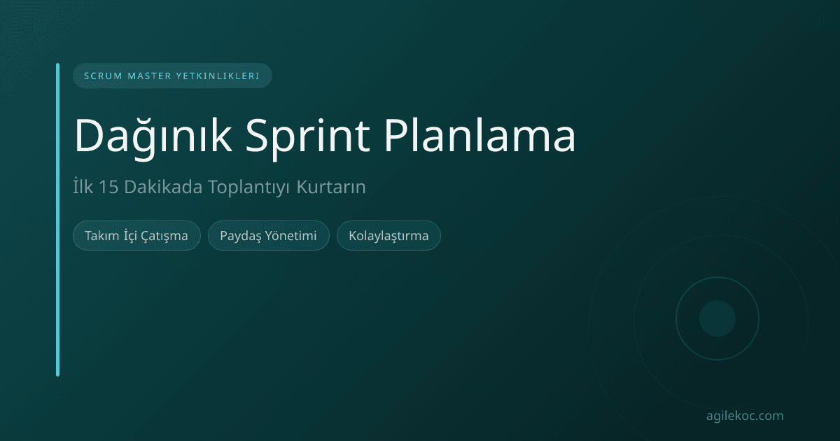 Bir Scrum Master, dağınık bir toplantı odasında ekibiyle konuşurken, masada notlar ve bir beyaz tahta var.