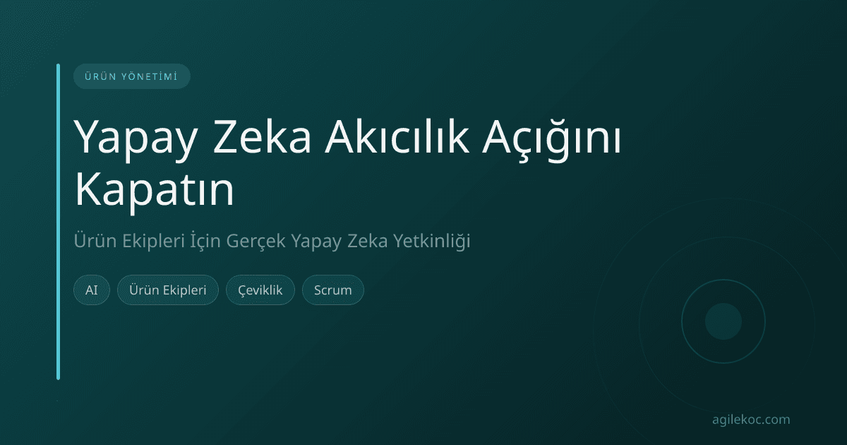 Bir ürün ekibinin yapay zeka araçlarını kullanarak işbirliği yapmasını gösteren illüstrasyon, veri ve içgörülerle çevrili.