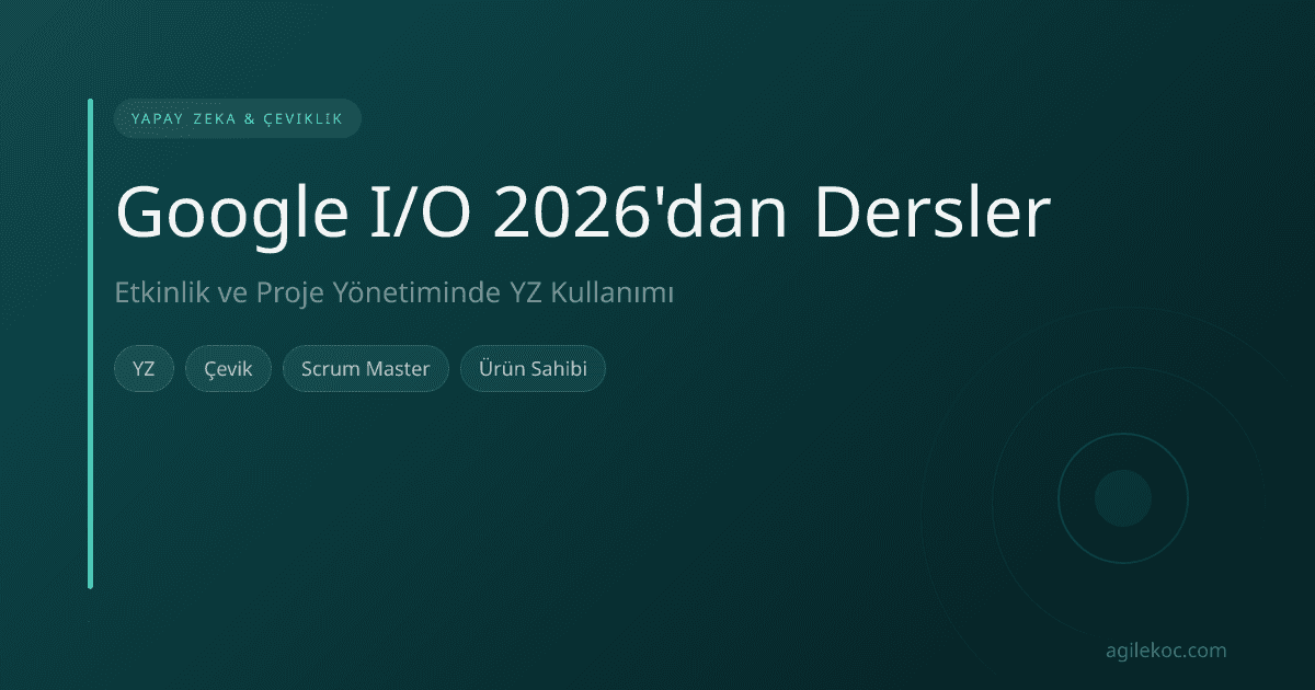 Bir yapay zeka arayüzünün önünde çalışan çevik bir ekip, Google I/O logosu arka planda.