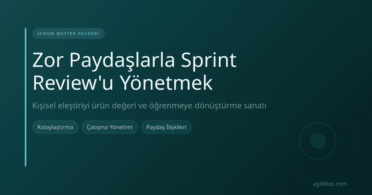 Bir Scrum Master'ın gergin bir Sprint Review toplantısında paydaşlar ve geliştiriciler arasında konuşmayı kolaylaştırması.
