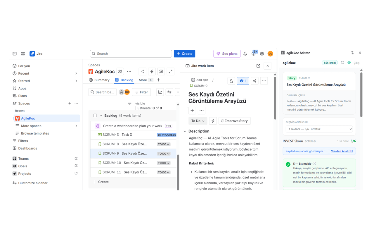 agilekoc Jira Asistan Chrome extension showing INVEST score for a Jira user story